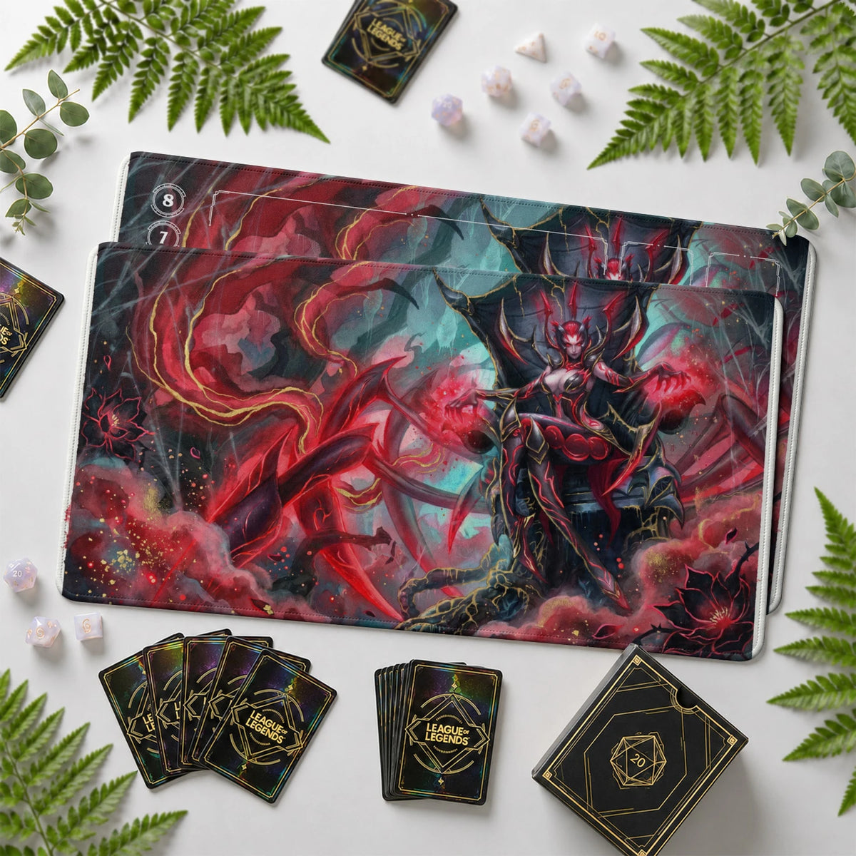 Elise Crimson Riftbound TCG playmat with card zones and score track – LoL game mat