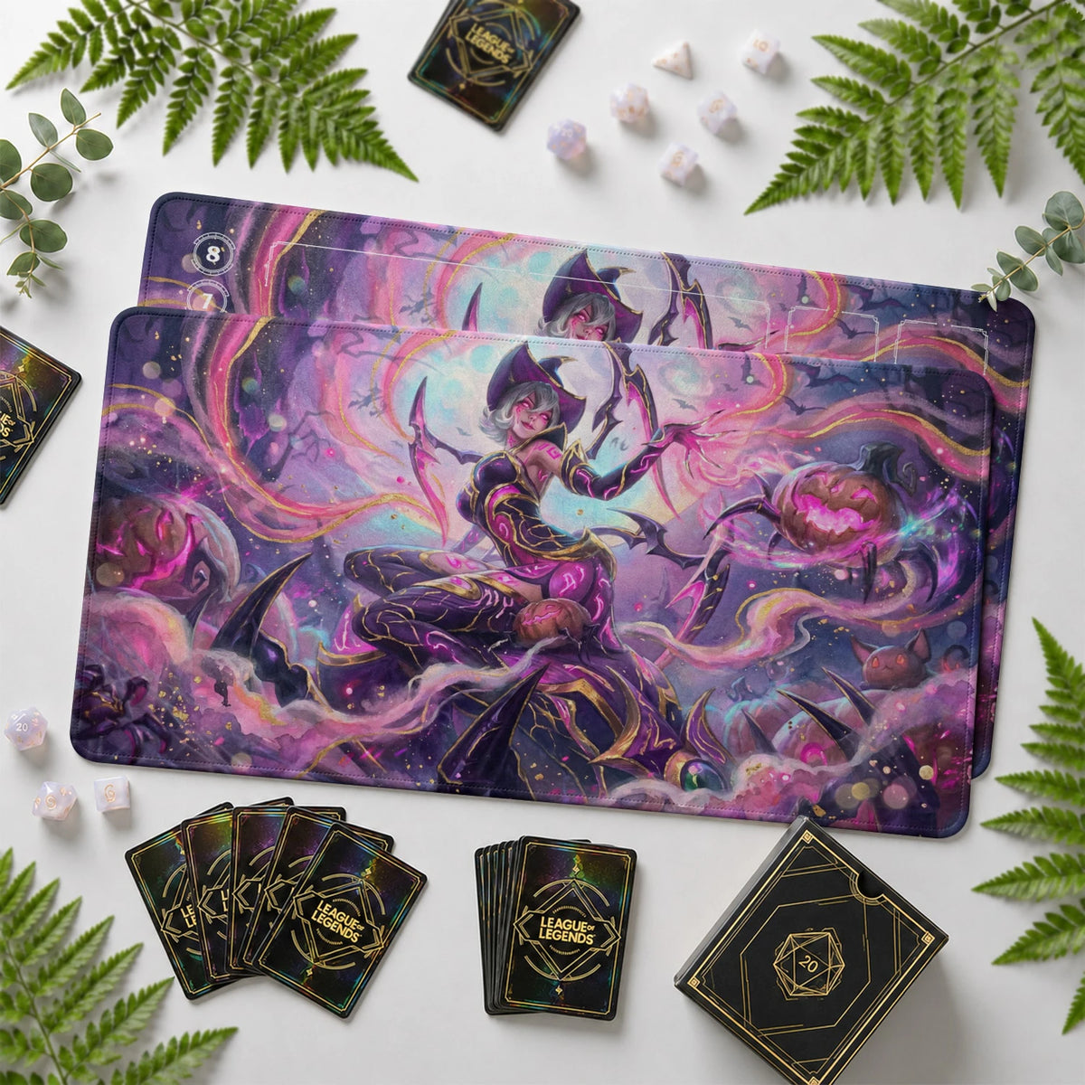 Elise Hexed Riftbound TCG playmat with card zones and score track – LoL game mat