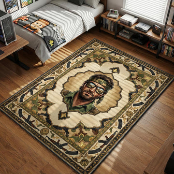 Elite Crew agent with green bandana and sunglasses portrait on camouflage pattern gaming area rug and floor mat