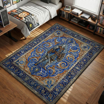 Elite Knight in blue surcoat holding sword and shield intricate royal blue and gold medieval tapestry style gaming area rug and floor mat
