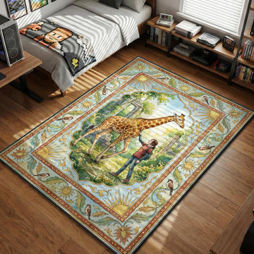 Ellie petting giraffe in overgrown ruins watercolor style gaming area rug and floor mat