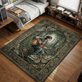 Ellie Williams playing acoustic guitar in a forest surrounded by moths and ferns vintage etching style gaming area rug and floor mat