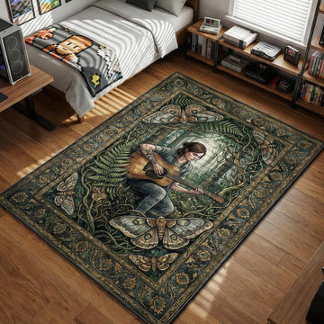 Ellie Williams playing acoustic guitar in a forest surrounded by moths and ferns vintage etching style gaming area rug and floor mat