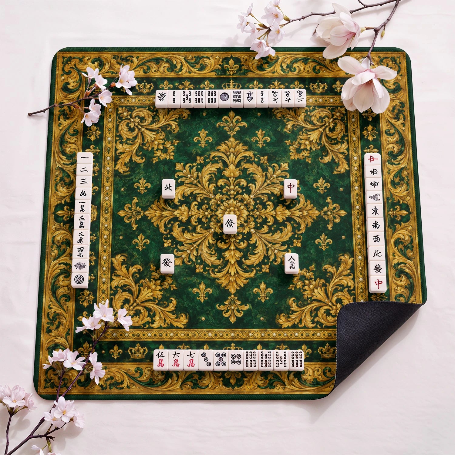 Emerald Baroque design close-up on mahjong mat surface