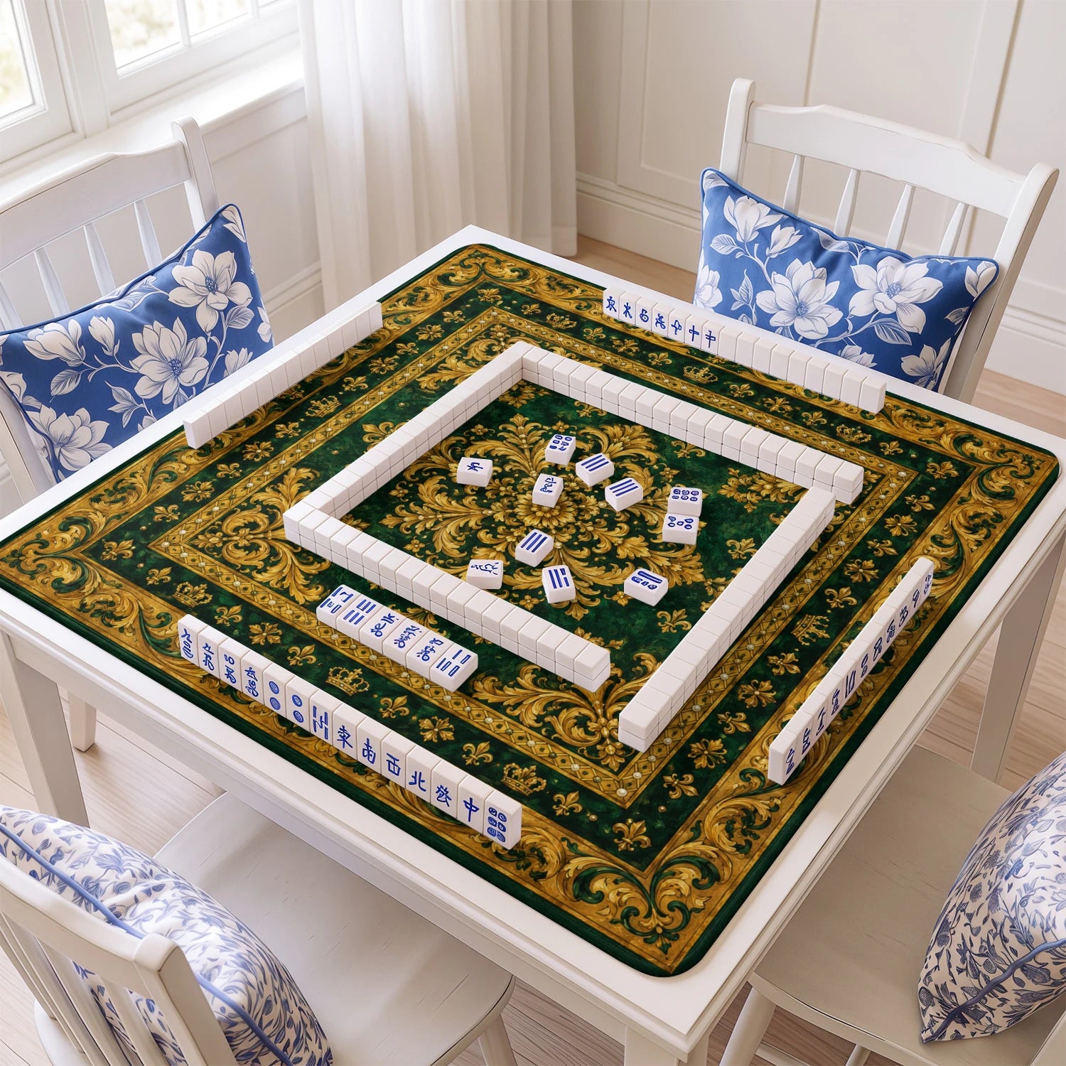 Emerald Baroque mahjong mat with tiles and racks on the table