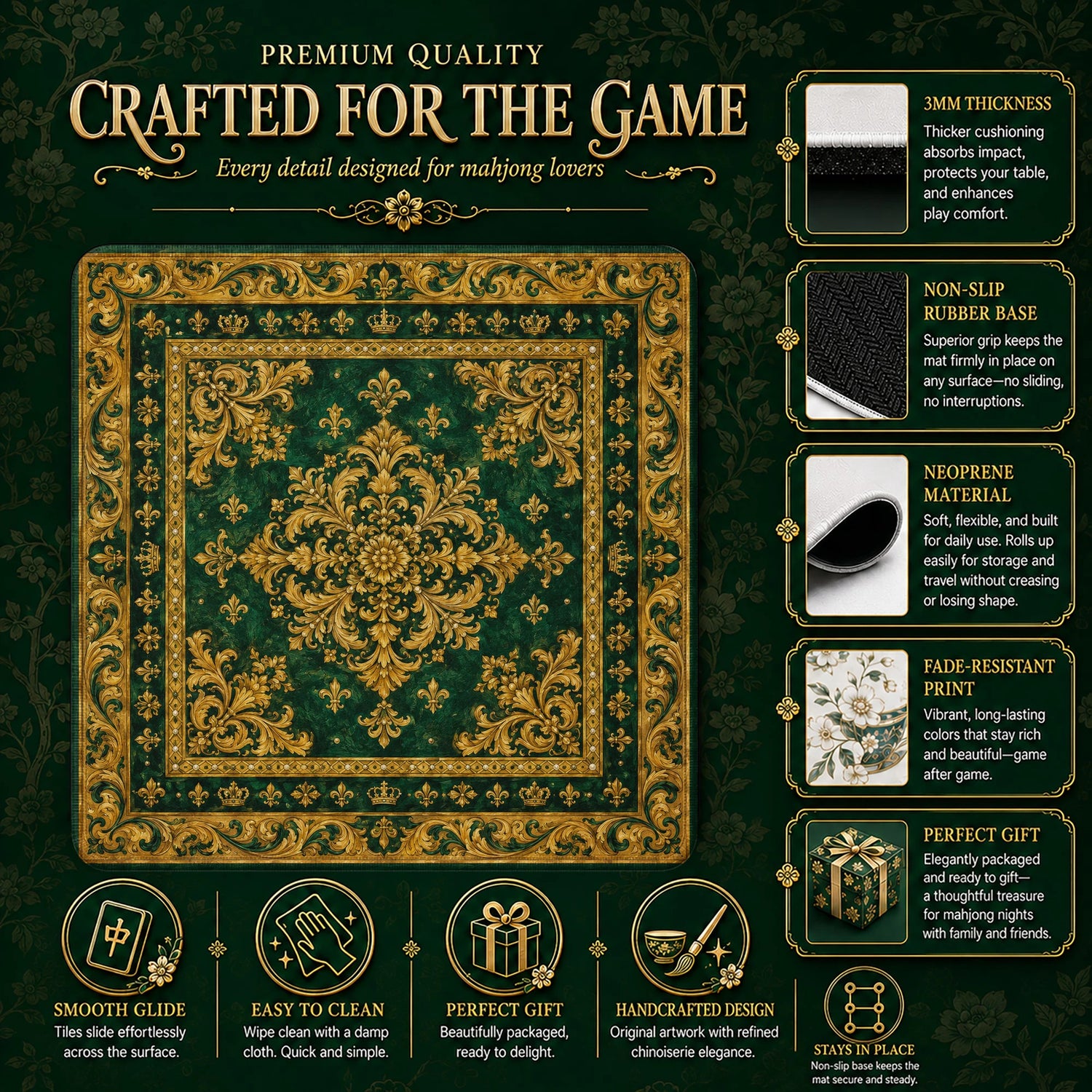 Emerald Baroque Mahjong Mat – neoprene mah jongg table mat