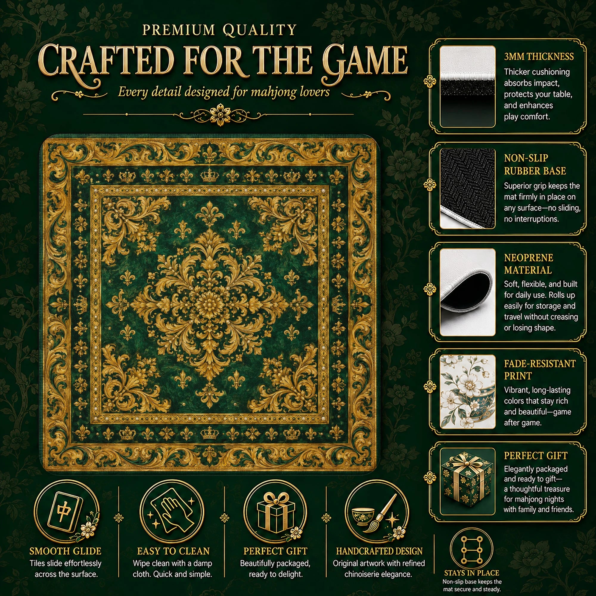 Emerald Baroque Mahjong Mat – neoprene mah jongg table mat