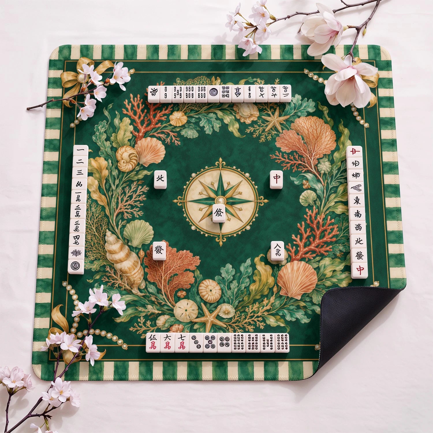 Emerald Coral design close-up on mahjong mat surface