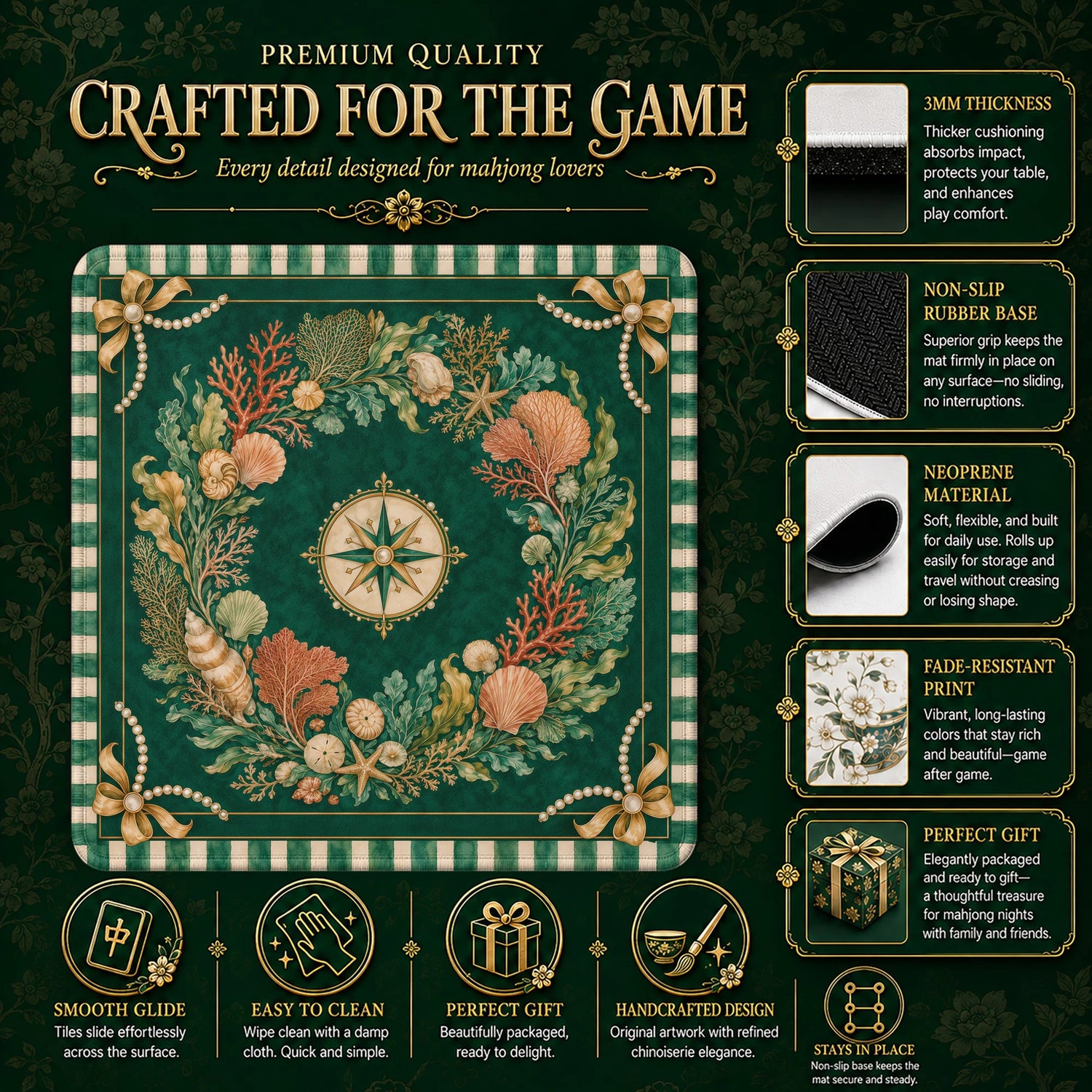 Emerald Coral Mahjong Mat – neoprene mah jongg table mat