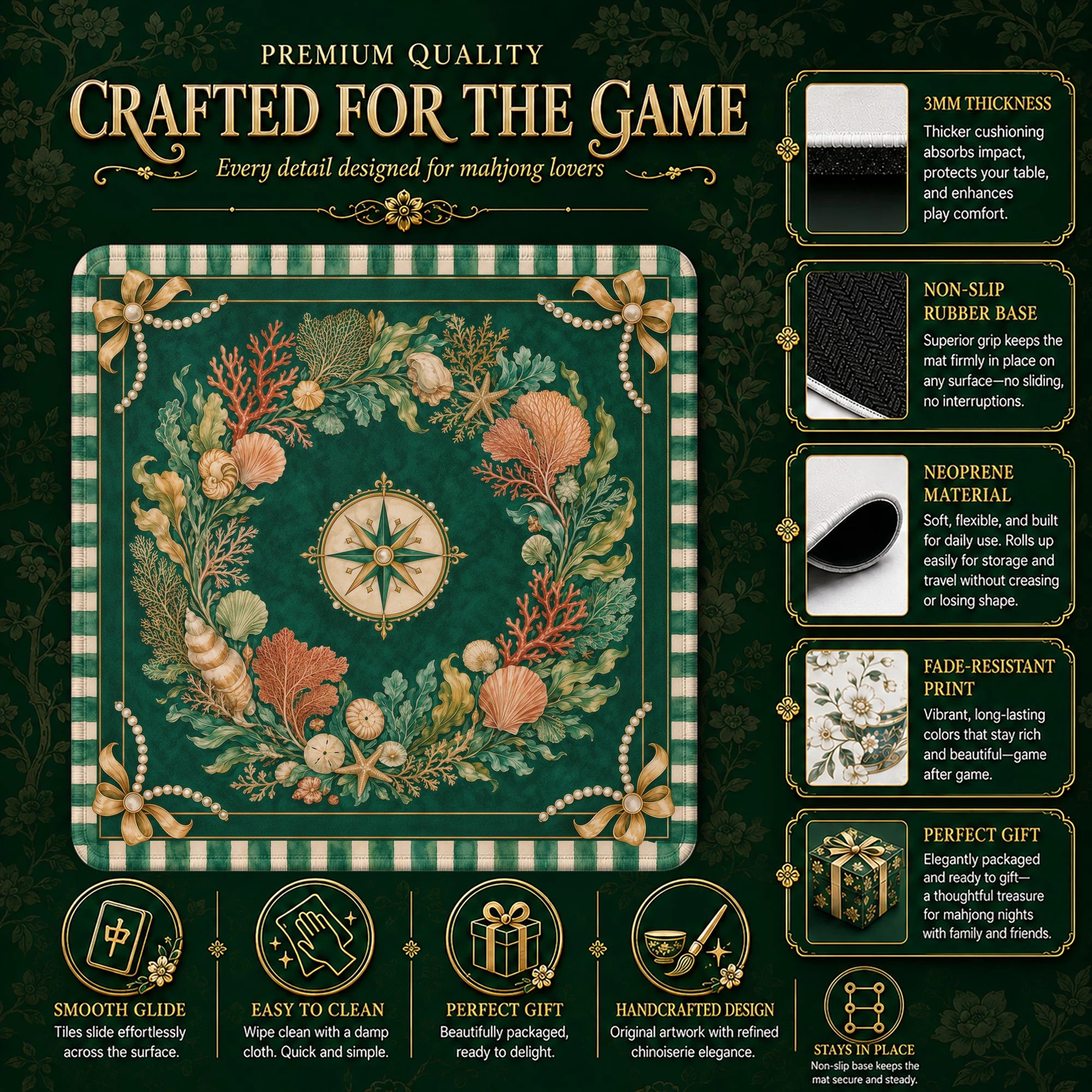 Emerald Coral Mahjong Mat – neoprene mah jongg table mat