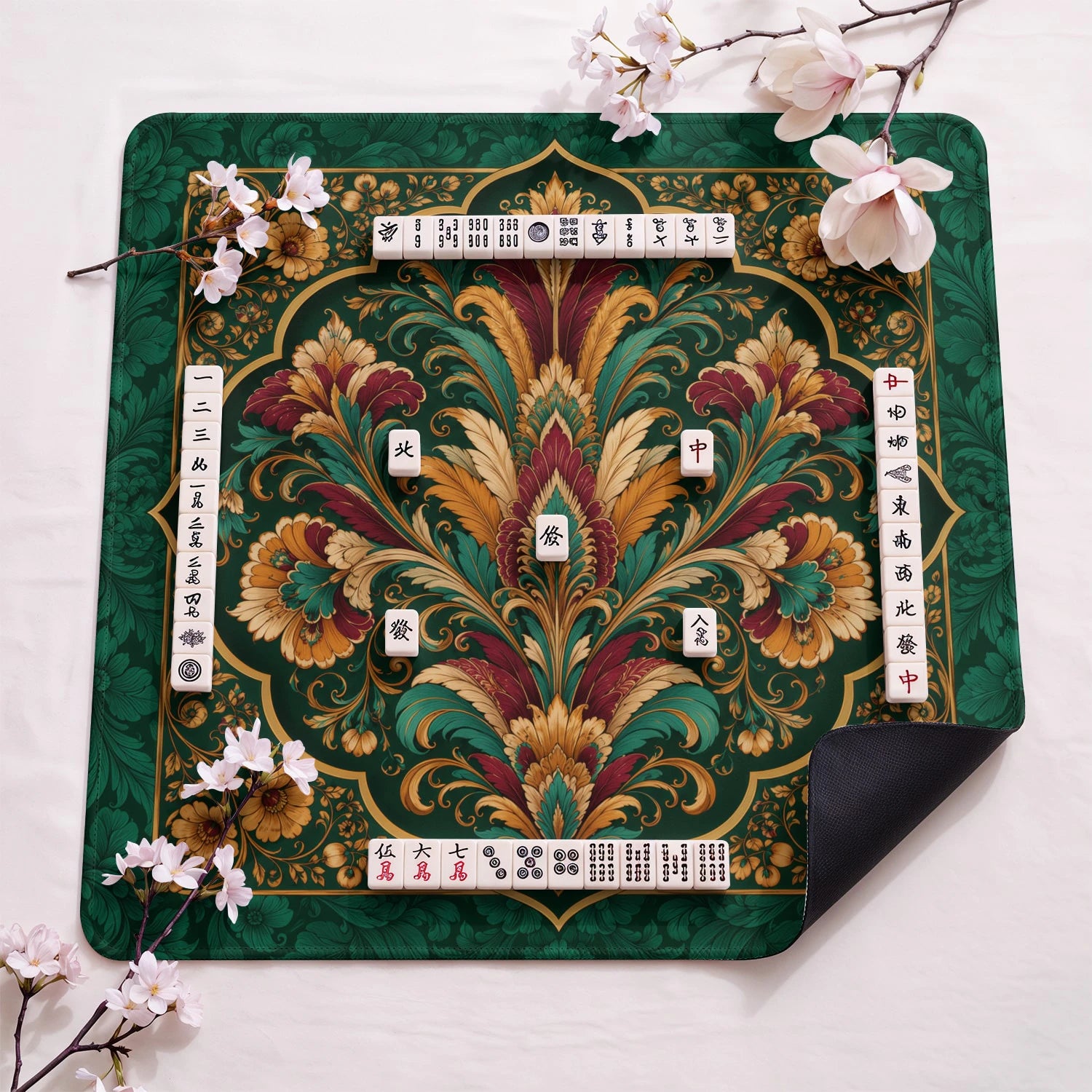 Emerald Damask design close-up on mahjong mat surface