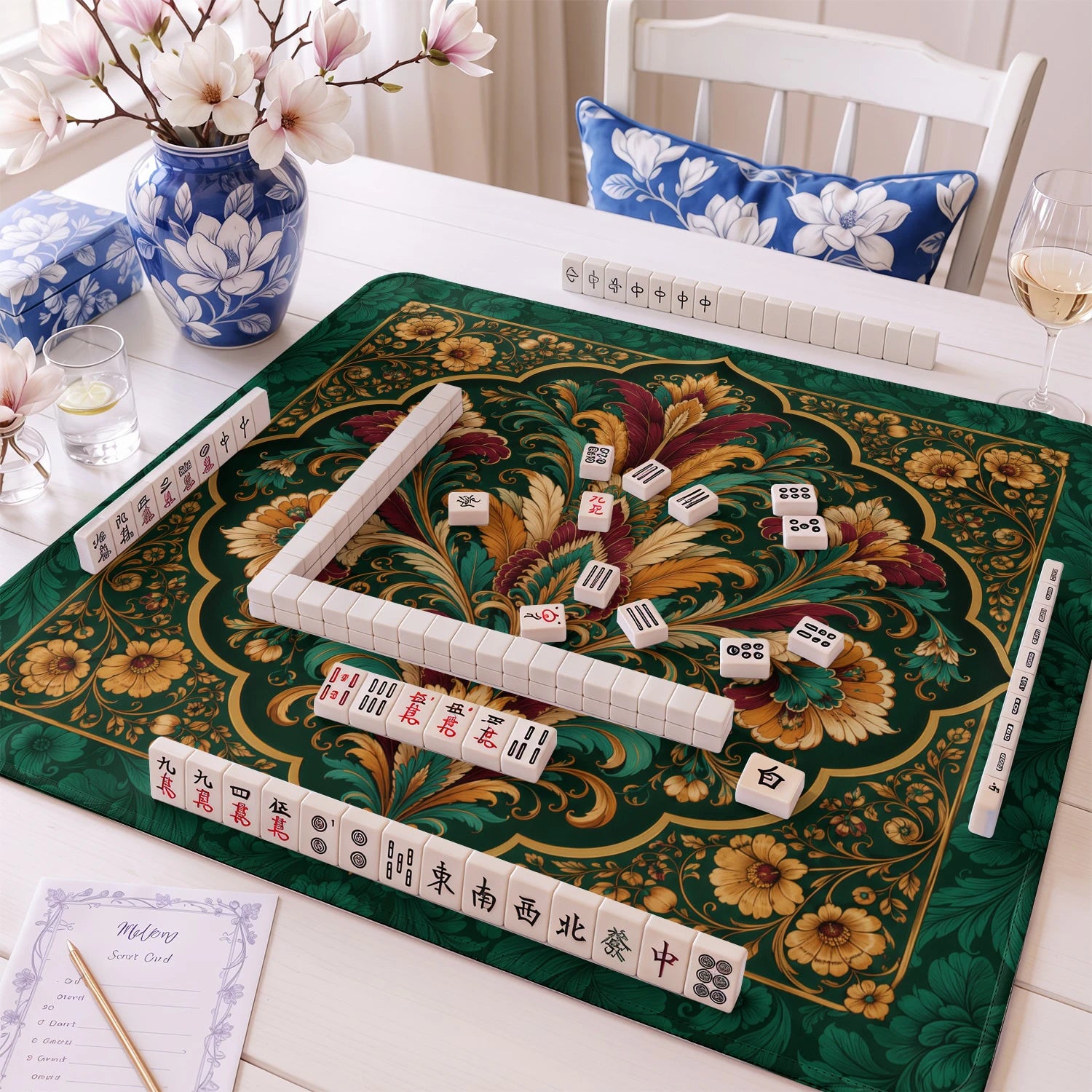 Emerald Damask mahjong mat – M (60x60 cm) and L (81x81 cm) sizes