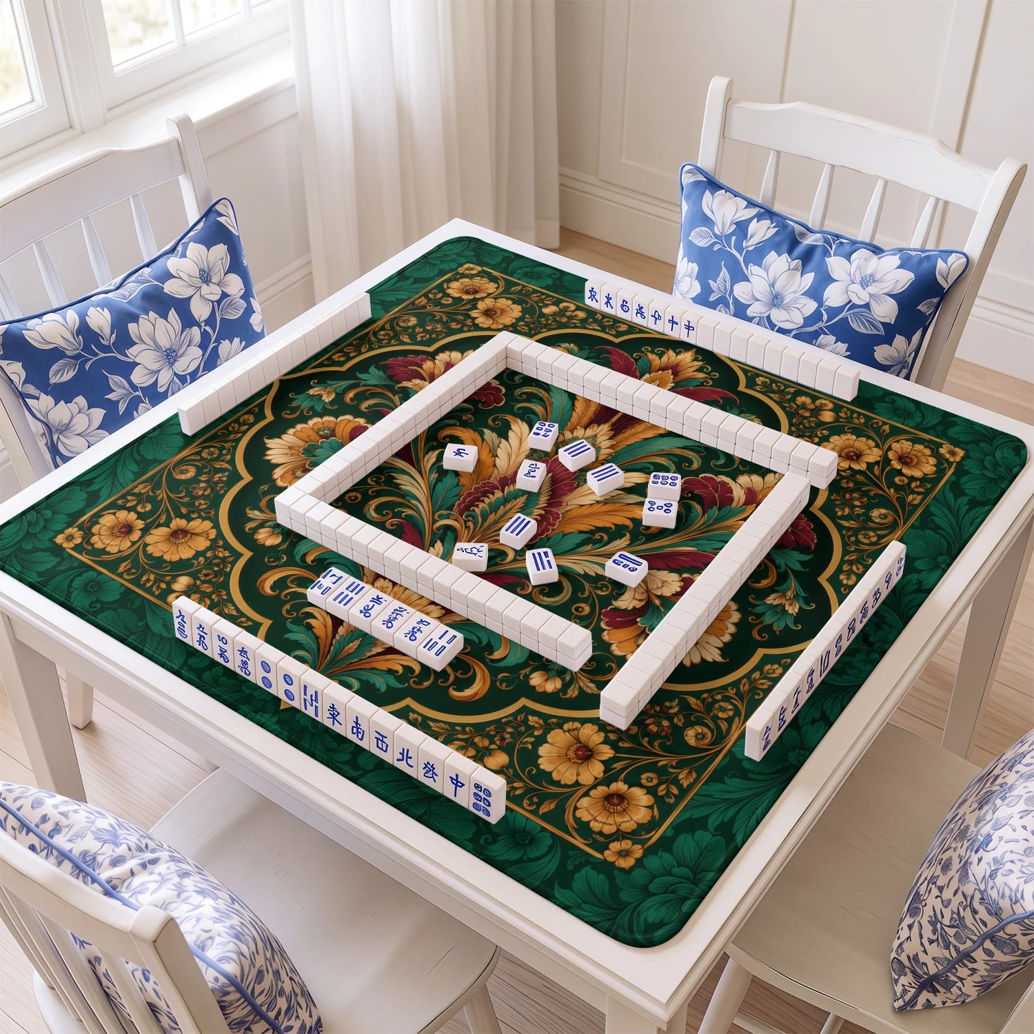 Emerald Damask mahjong mat with tiles and racks on the table