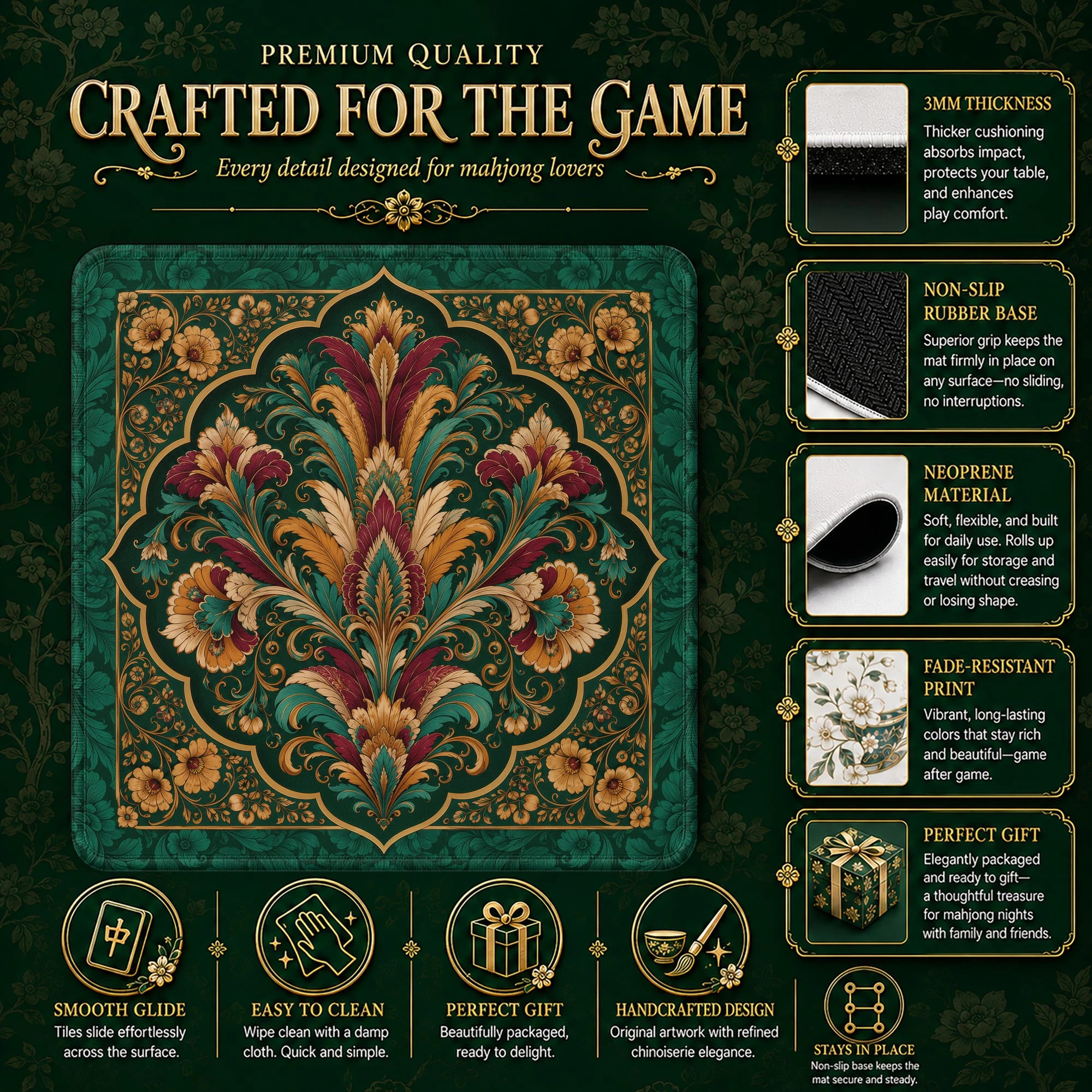Emerald Damask Mahjong Mat – neoprene mah jongg table mat