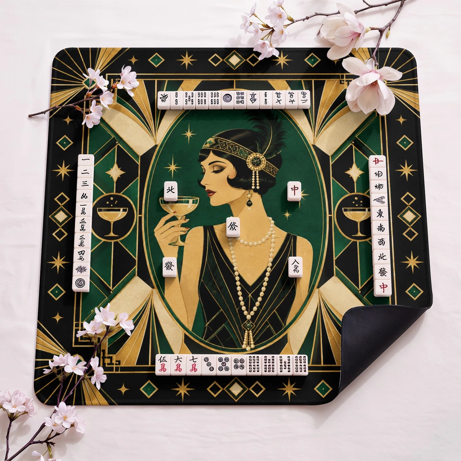 Emerald Deco Flapper design close-up on mahjong mat surface