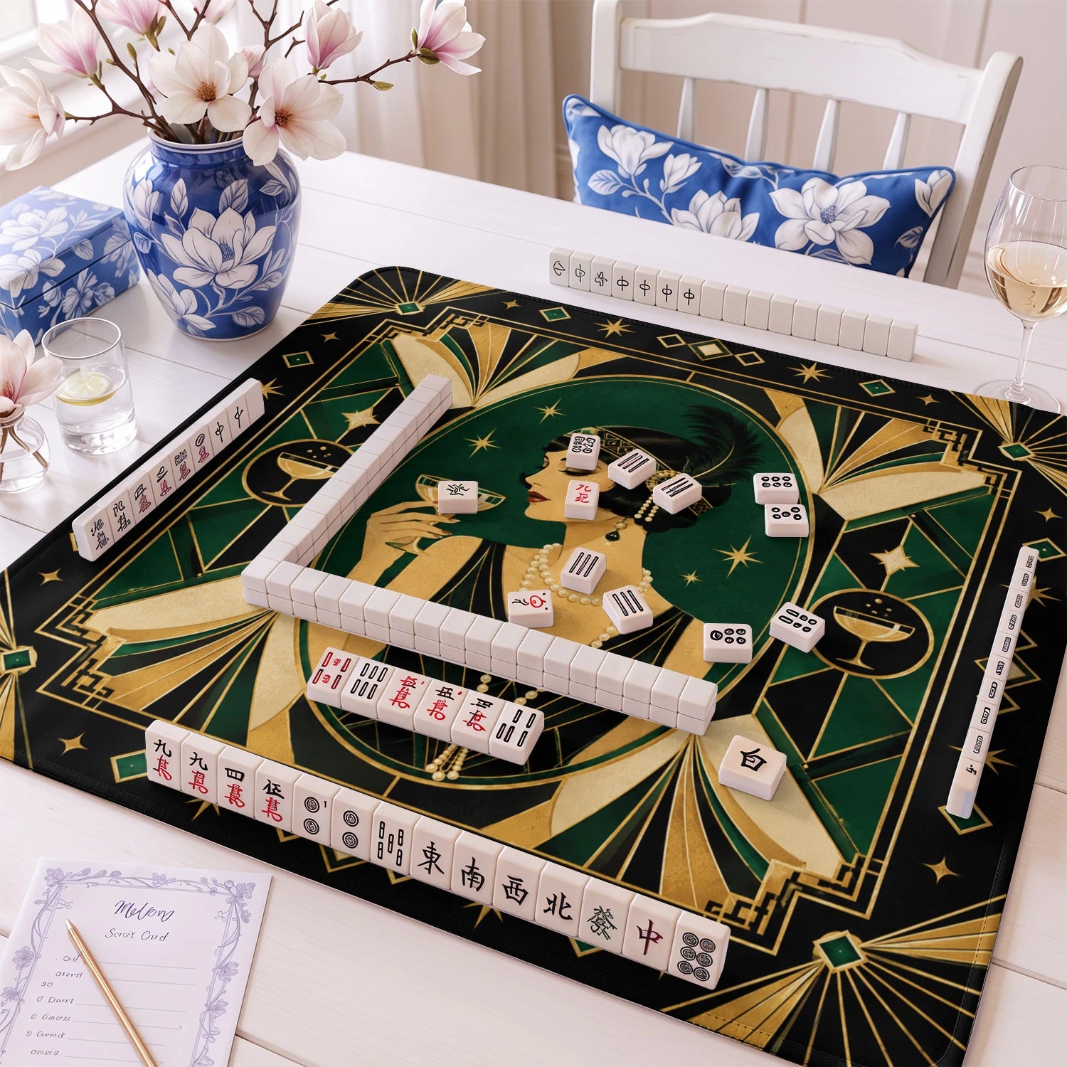 Emerald Deco Flapper mahjong mat – M (60x60 cm) and L (81x81 cm) sizes