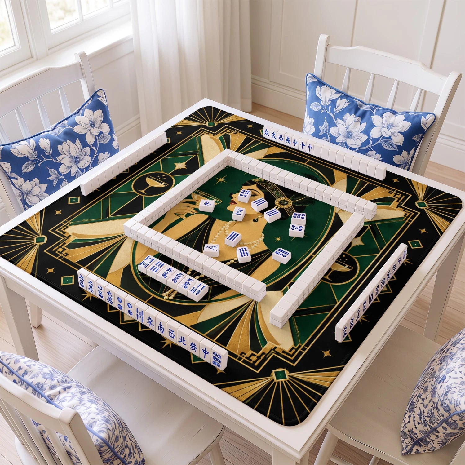 Emerald Deco Flapper mahjong mat with tiles and racks on the table