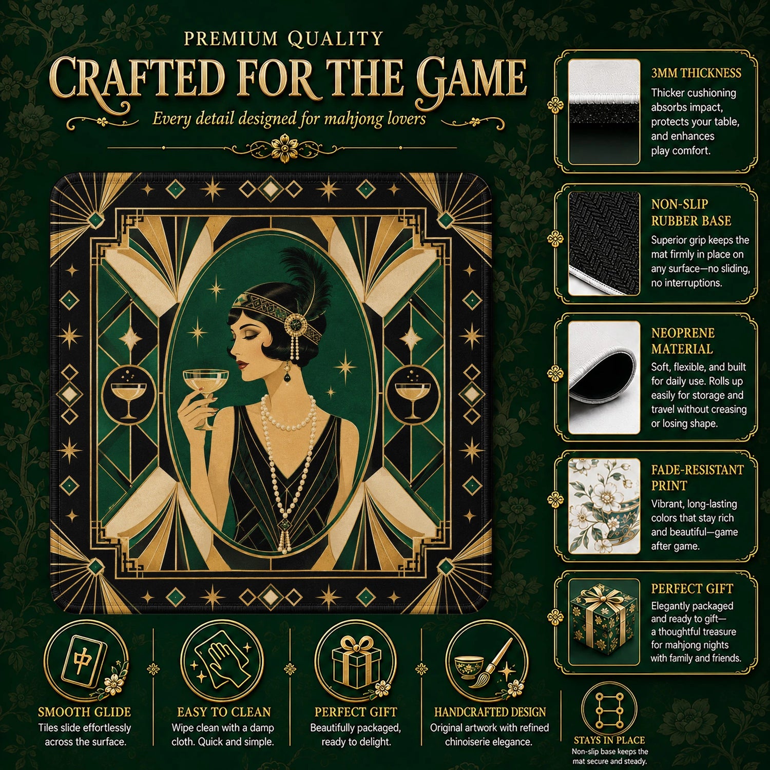 Emerald Deco Flapper Mahjong Mat – neoprene mah jongg table mat