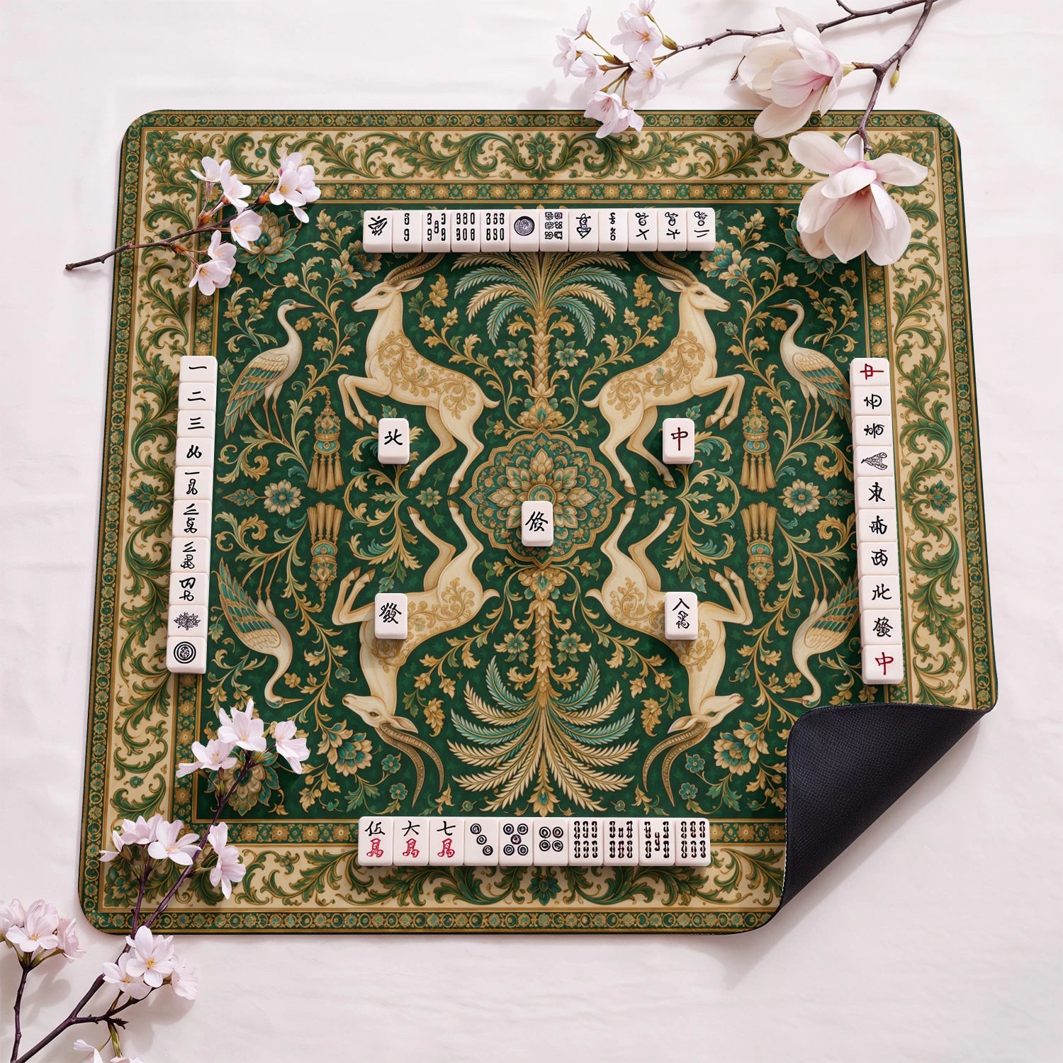 Emerald Gazelle design close-up on mahjong mat surface