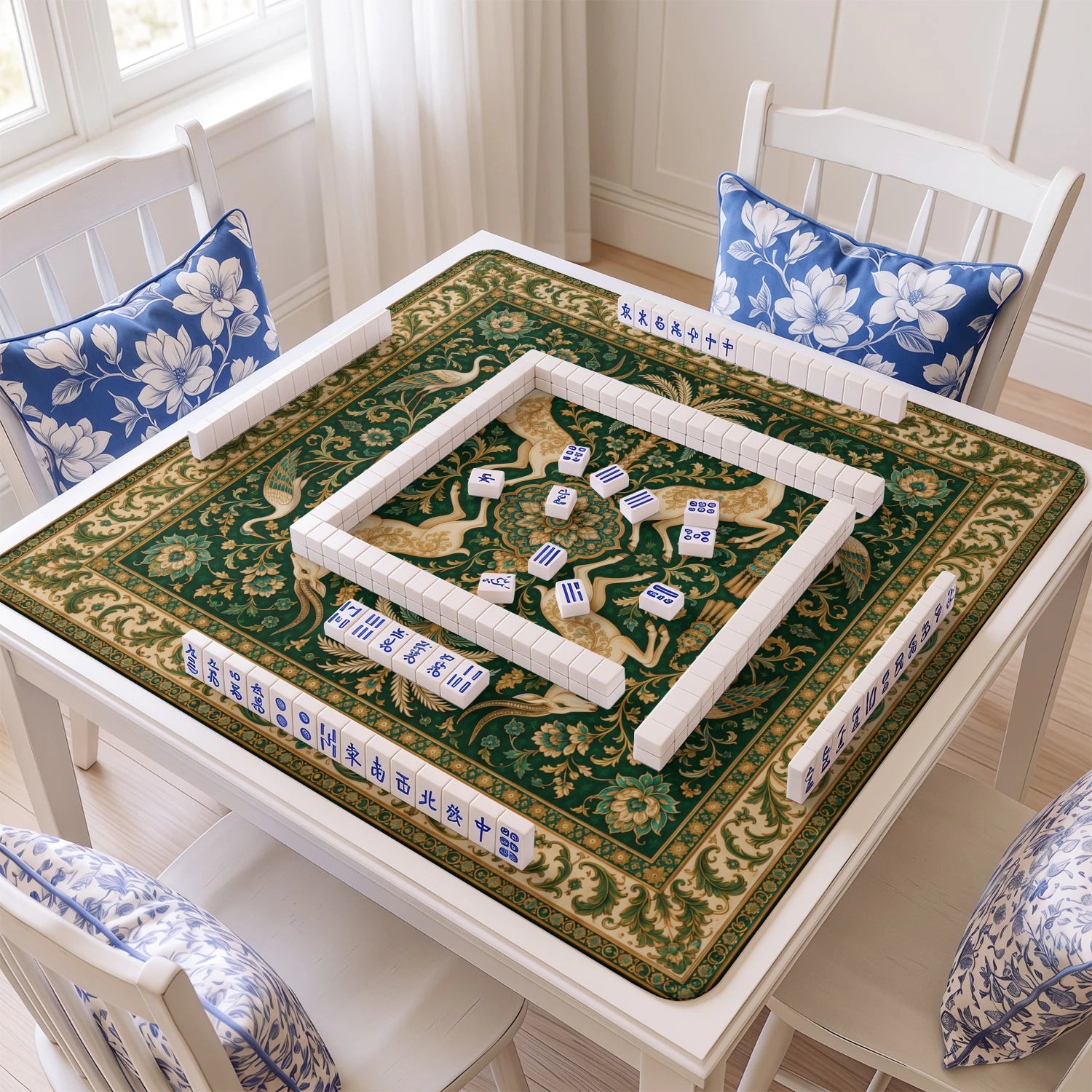 Emerald Gazelle mahjong mat with tiles and racks on the table