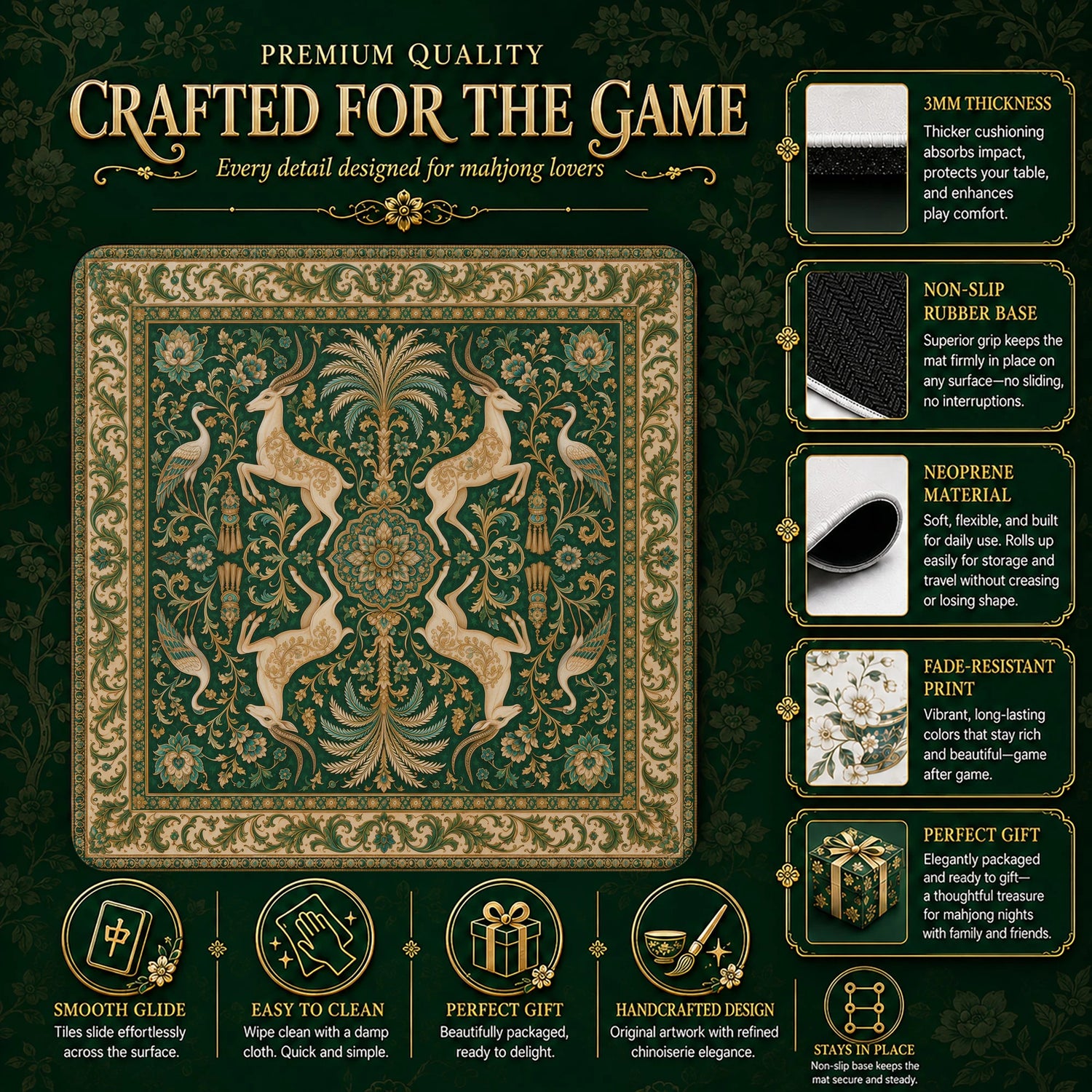 Emerald Gazelle Mahjong Mat – neoprene mah jongg table mat