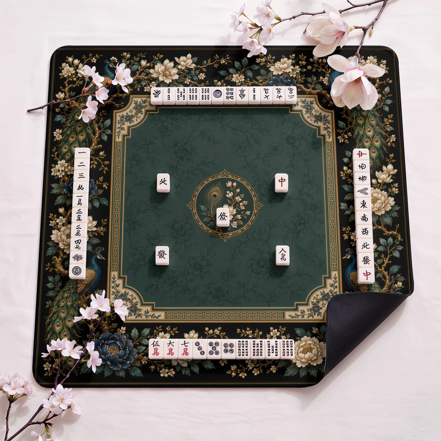 Emerald Peacock design close-up on mahjong mat surface