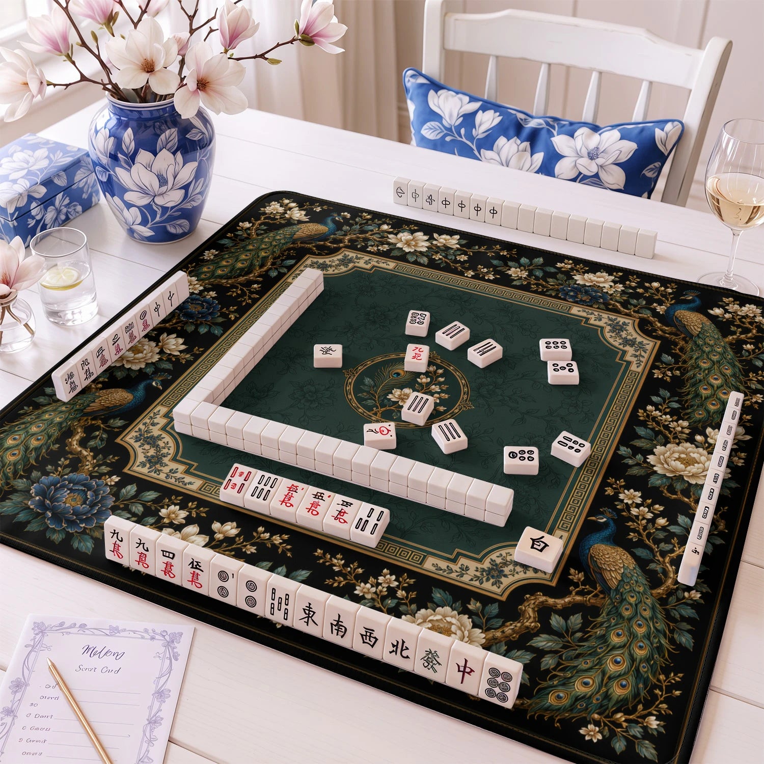 Emerald Peacock mahjong mat – M (60x60 cm) and L (81x81 cm) sizes
