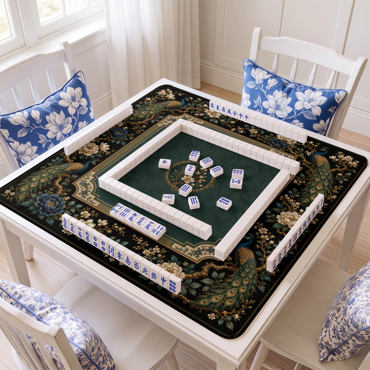 Emerald Peacock mahjong mat with tiles and racks on the table