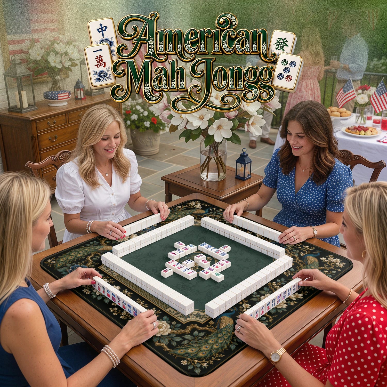 Emerald Peacock – non-slip mahjong table mat detail