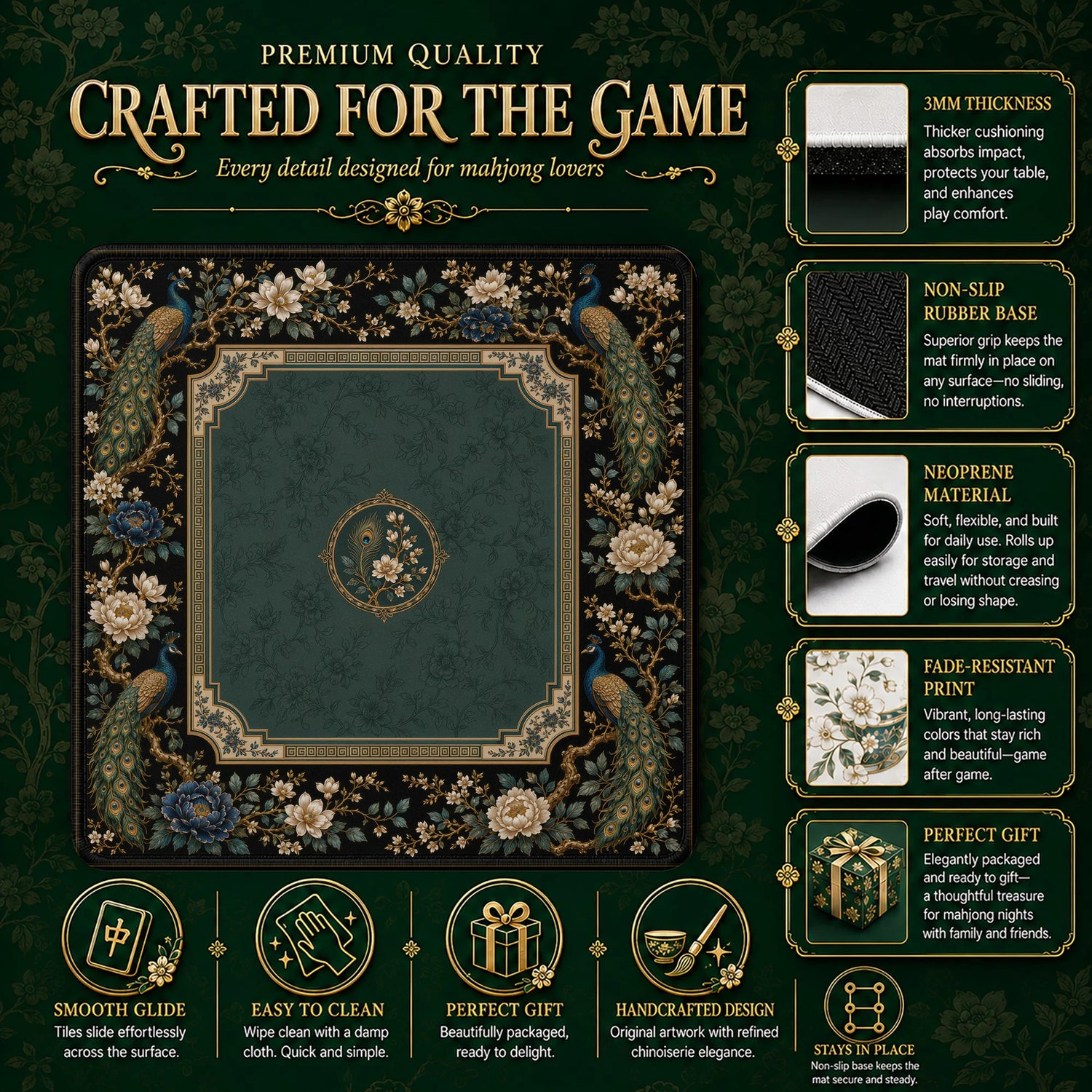 Emerald Peacock Mahjong Mat – neoprene mah jongg table mat