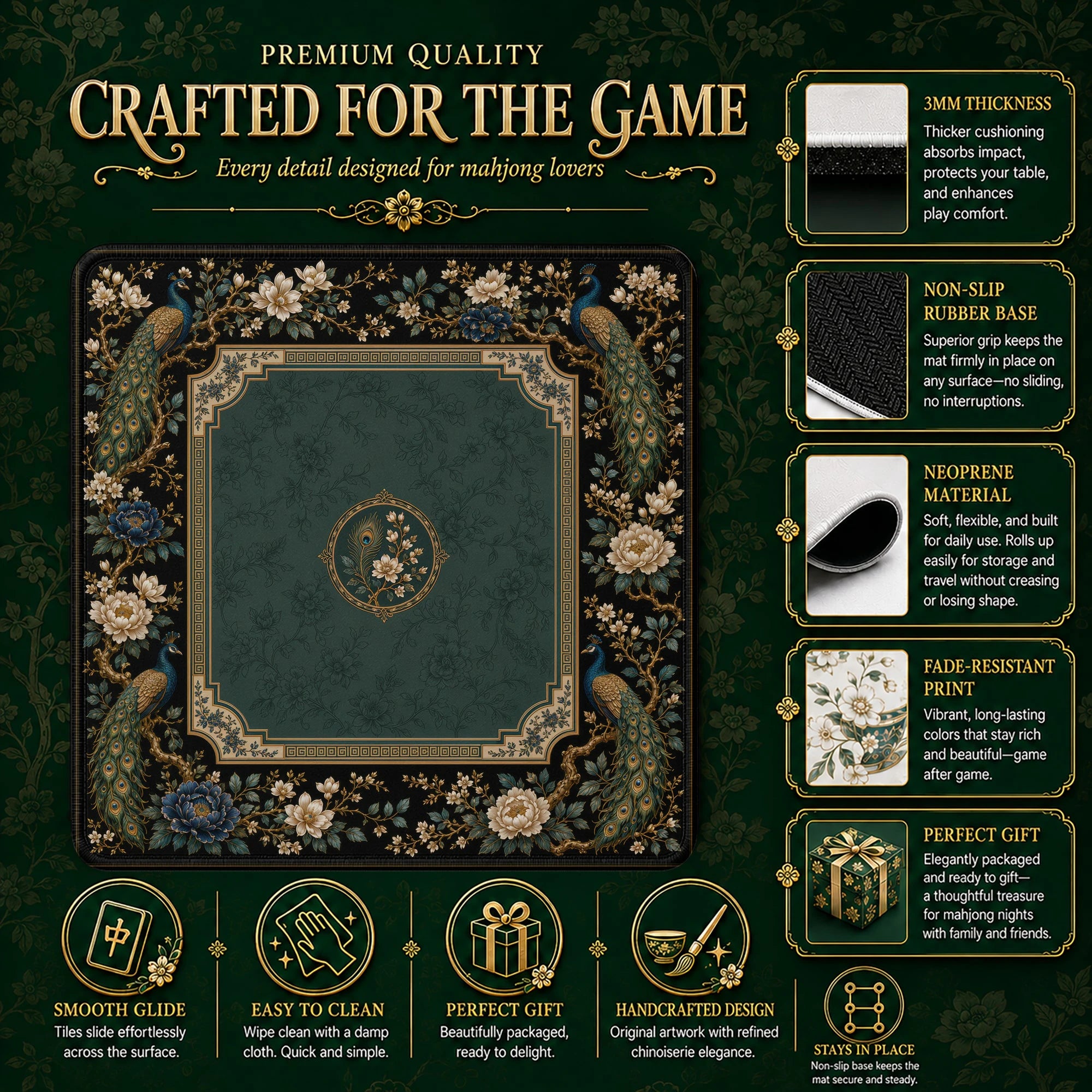 Emerald Peacock Mahjong Mat – neoprene mah jongg table mat