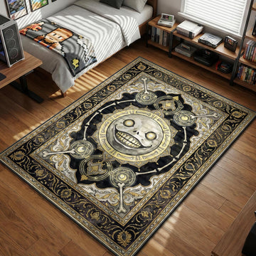 Emil skeleton head smiling with magic glyphs and bones gothic style gaming area rug and floor mat