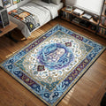 Emilia standing in magical ice circle with Puck ornate art style area rug and floor mat
