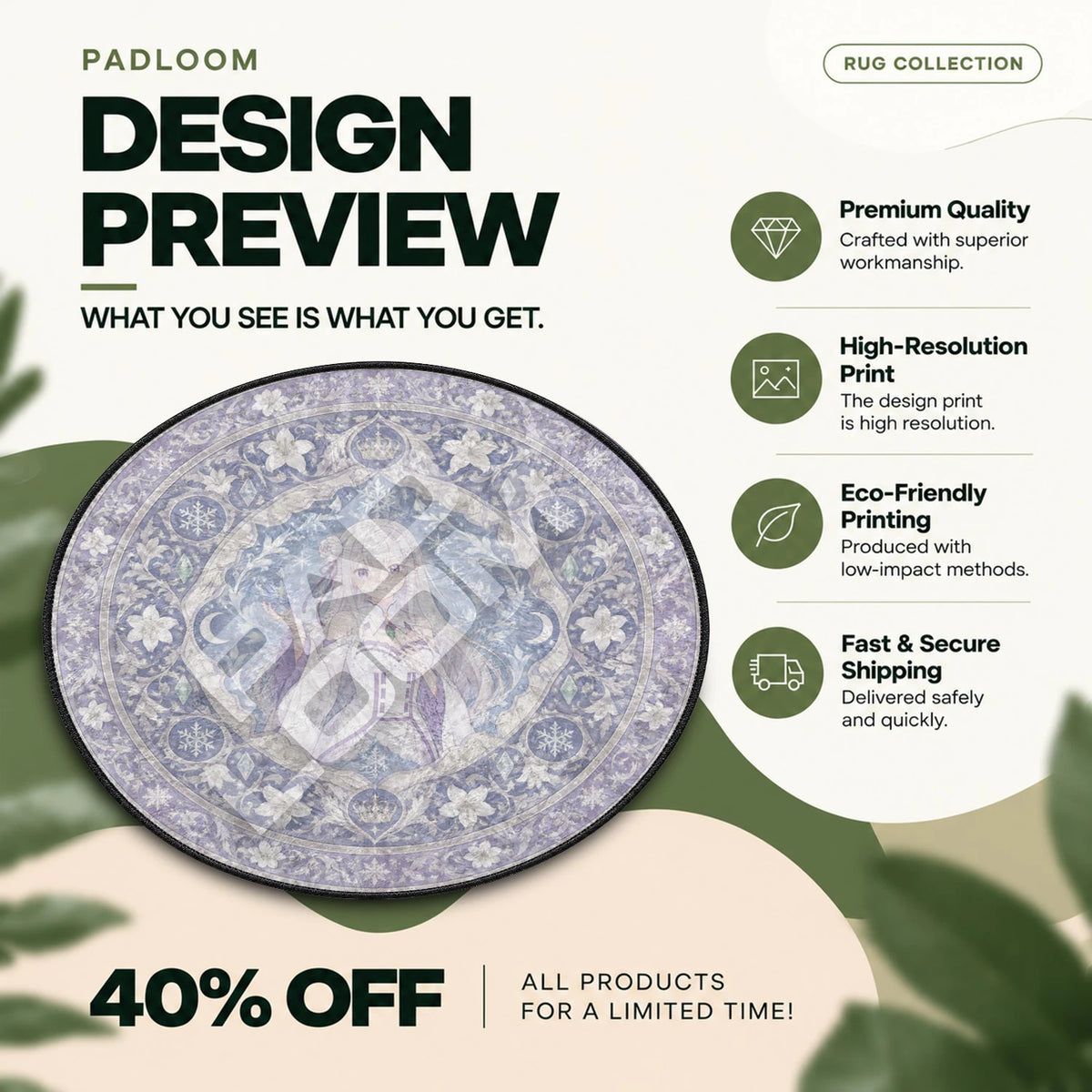 Emilia Snowflake Re Zero round rug full design preview