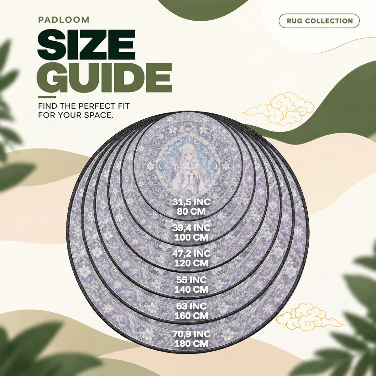 Emilia Snowflake round rug size guide, 80 to 180 cm (31.5 to 70.9 in)