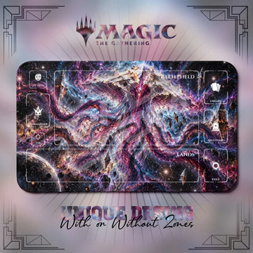 Emrakul Eldrazi MTG playmat, pink and purple art with play zones, 24 x 14 in