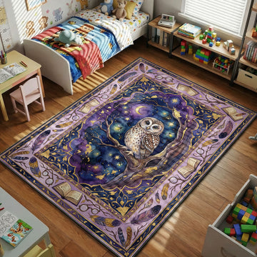 enchanted owl moon stars night forest kids bedroom area rug