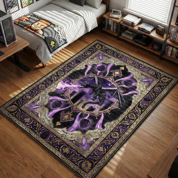 Minecraft Ender Dragon breathing purple fire over obsidian pillars in ornamental style gaming area rug and floor mat