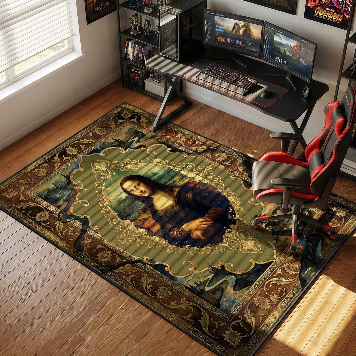 Enigmatic smile rug placed in a formal study with leather chair dark wood shelves and brass lamp