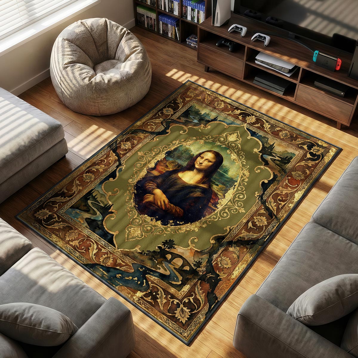 Close-up of enigmatic smile rug showing subtle expression and gold scrollwork on smooth velvet surface