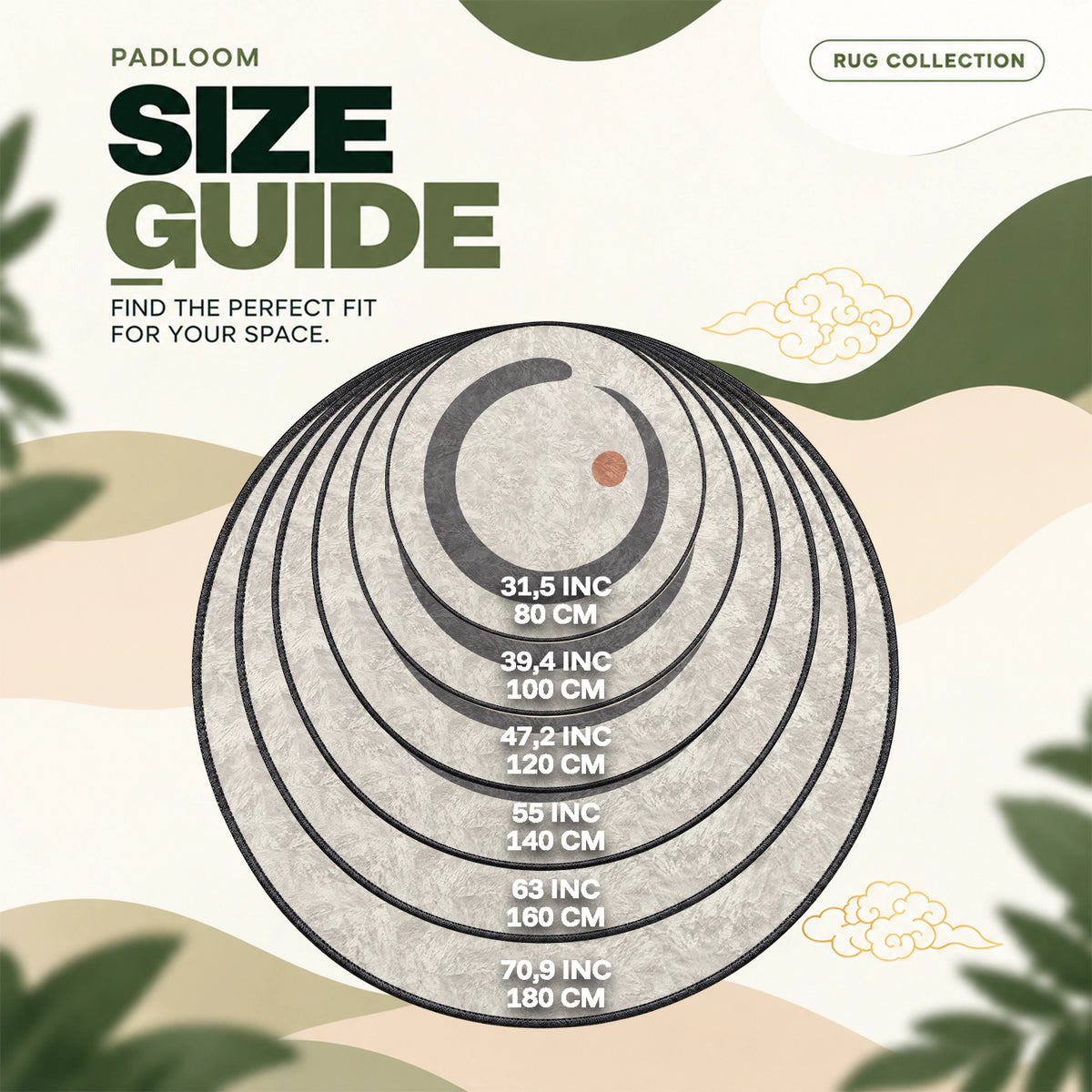 Enso Terracotta round rug size guide, 80 to 180 cm (31.5 to 70.9 in)