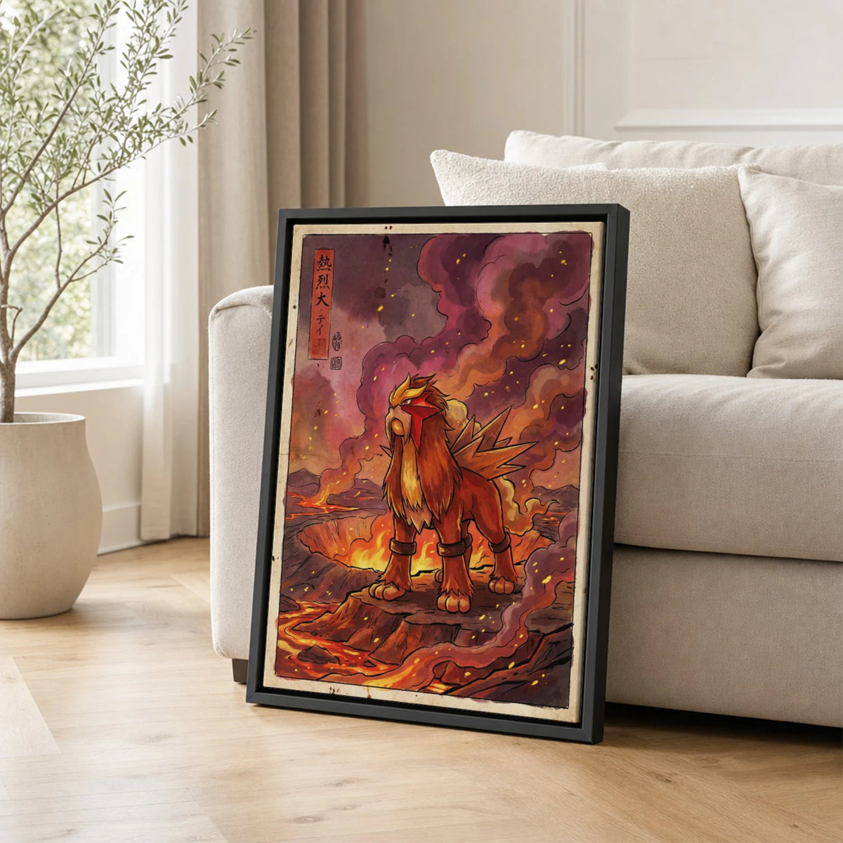 Entei Volcano Pokemon poster leaning beside a sofa - living room wall art