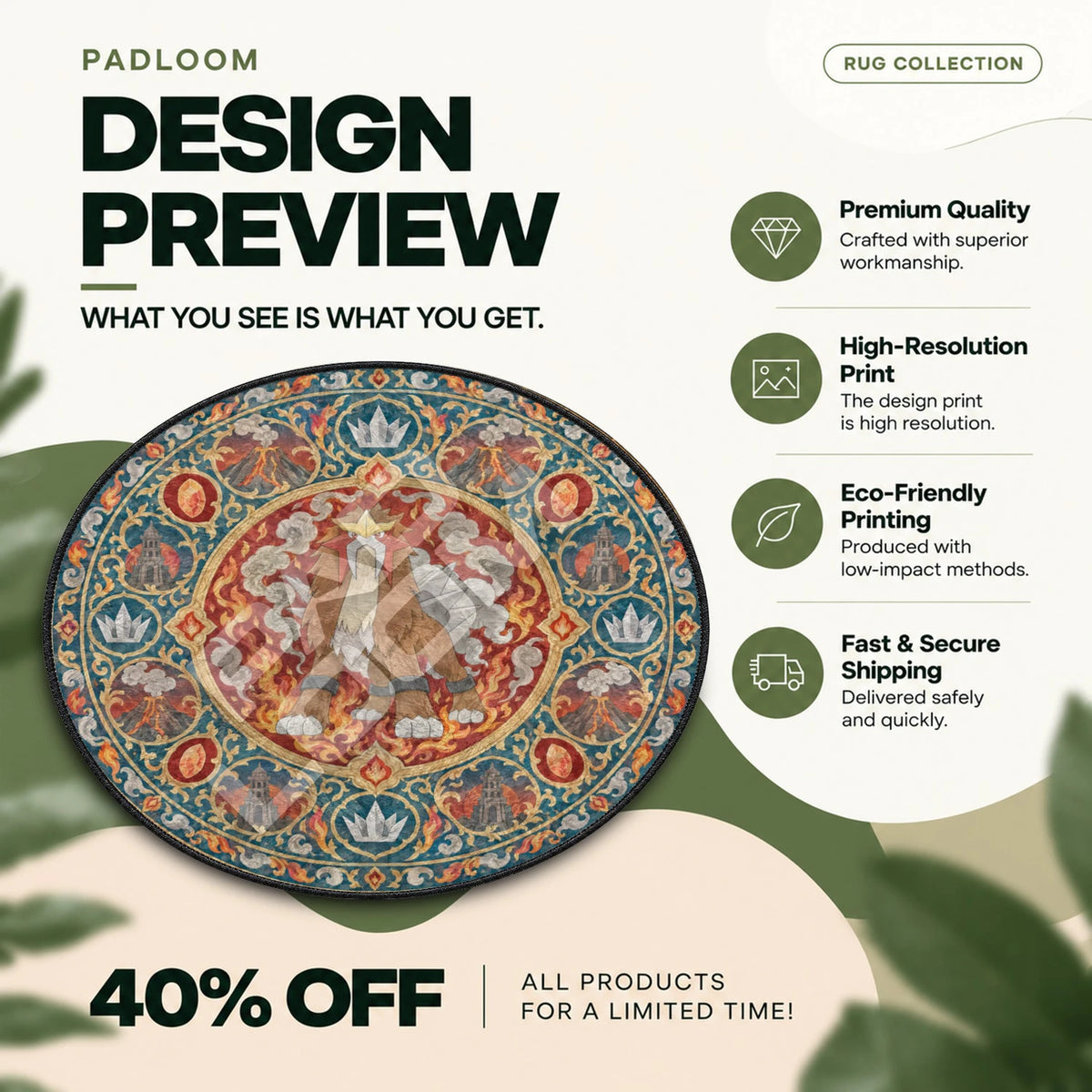 Entei Volcano Pokemon round rug full design preview