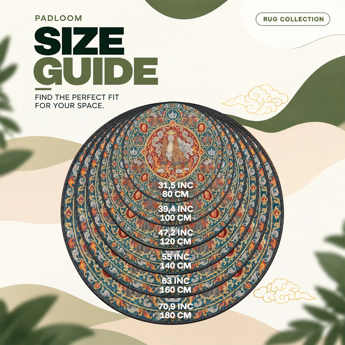 Entei Volcano round rug size guide, 80 to 180 cm (31.5 to 70.9 in)