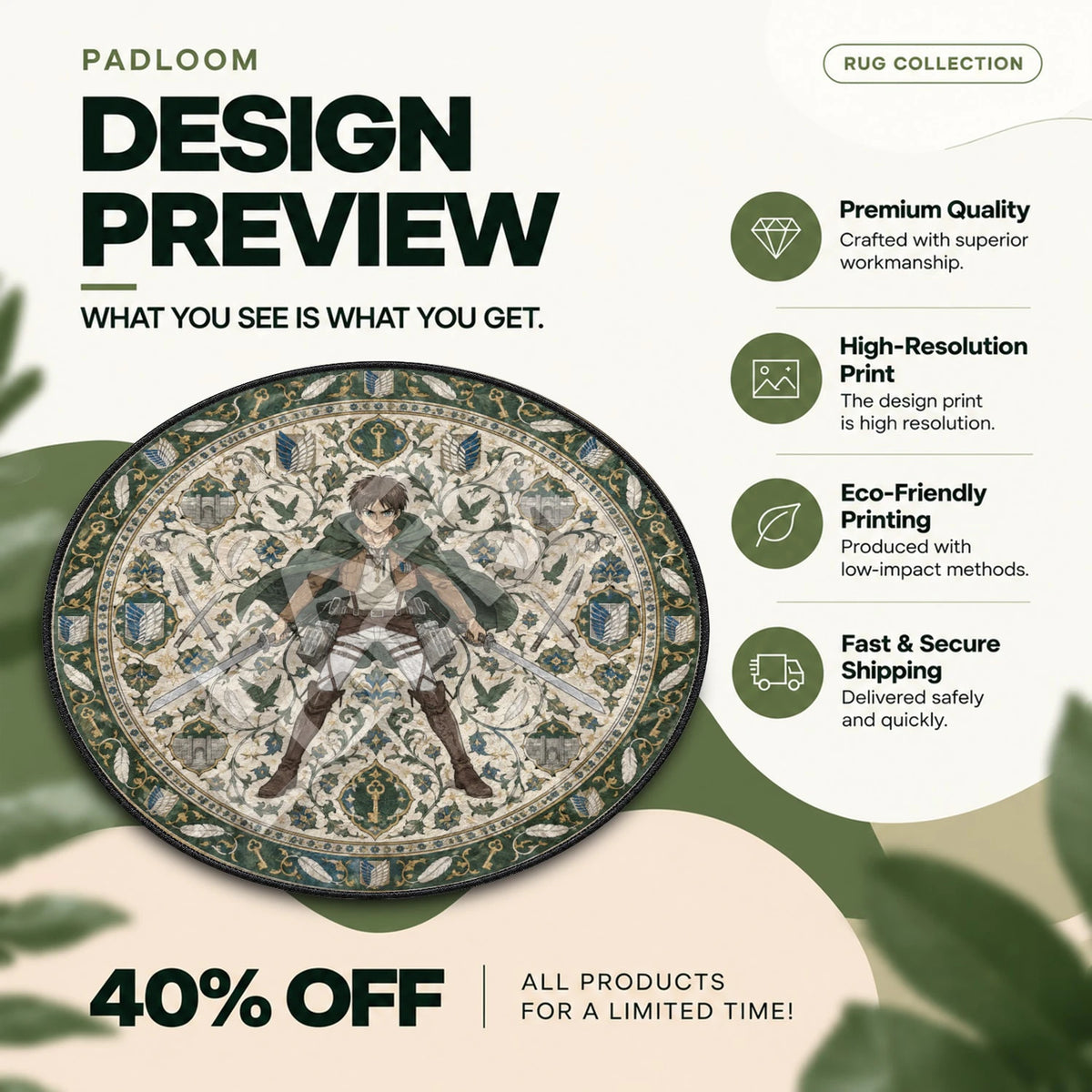 Eren Blades Attack on Titan round rug full design preview