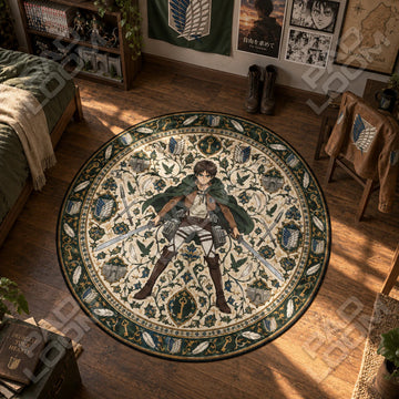 Eren Blades Attack on Titan round rug on a bedroom floor - Attack on Titan chair mat