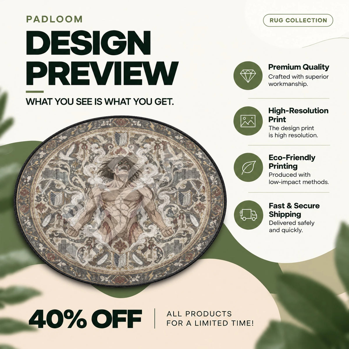 Eren Roaring Attack on Titan round rug full design preview