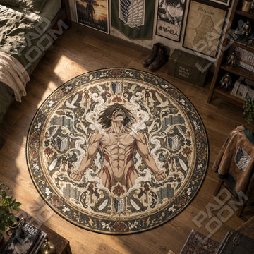 Eren Roaring Attack on Titan round rug on a bedroom floor - Attack on Titan chair mat