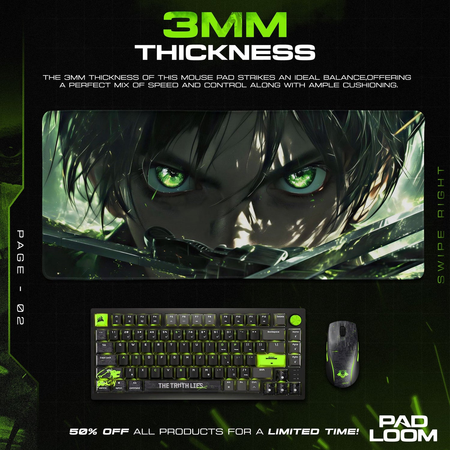 Eren Yeager Green Eyes Mouse Pad, Anime Gaming Desk Mat Padloom