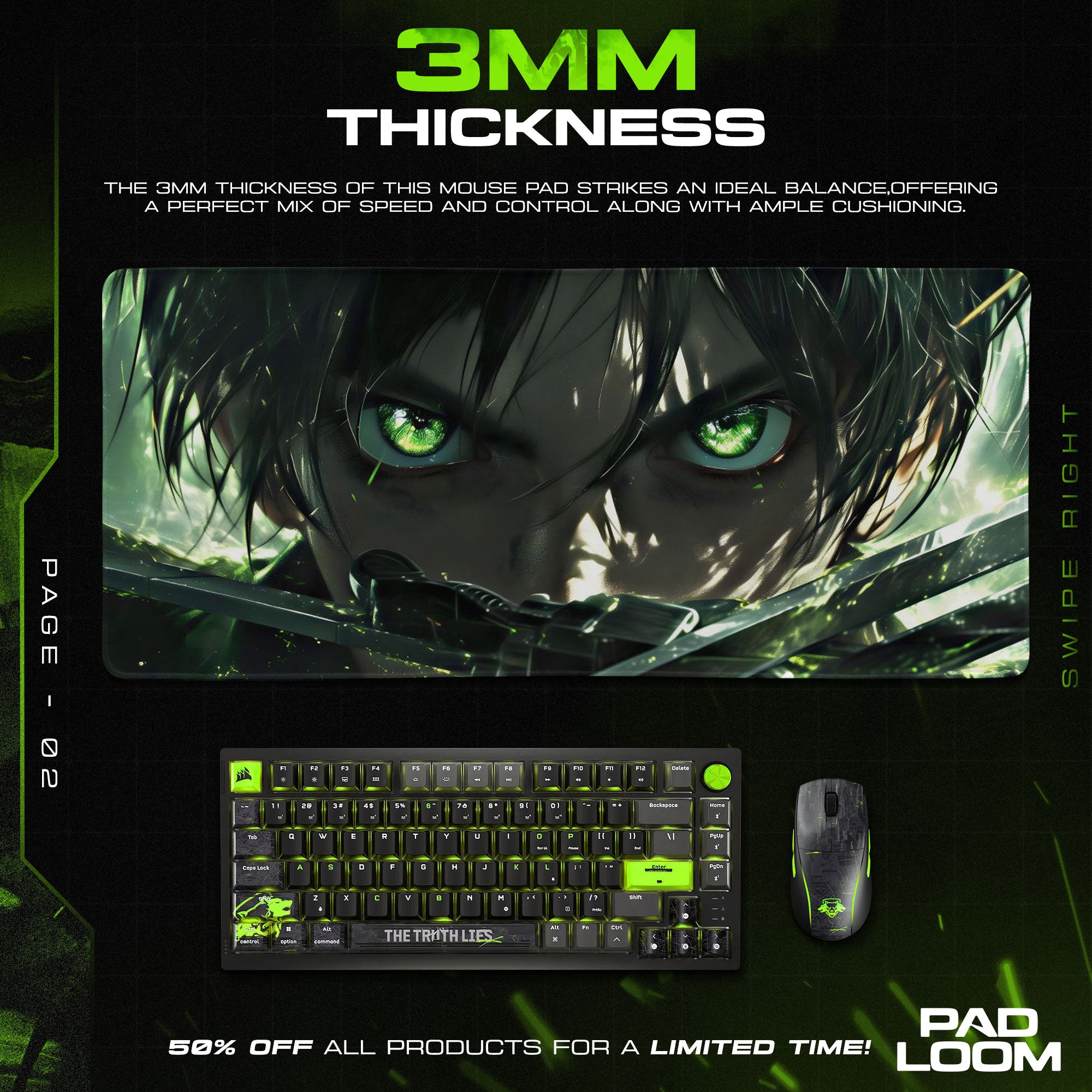 Eren Yeager Green Eyes Mouse Pad, Anime Gaming Desk Mat